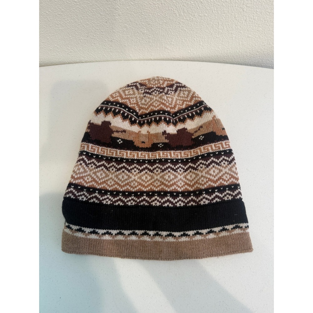 True Religion Fair Isle Knit Beanie Brown Tan Black Lambswool Cashmere Blend Hat